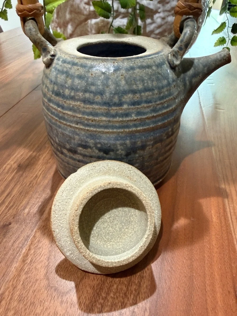 Handmade Blue Ceramic Teapot with Woven Handle